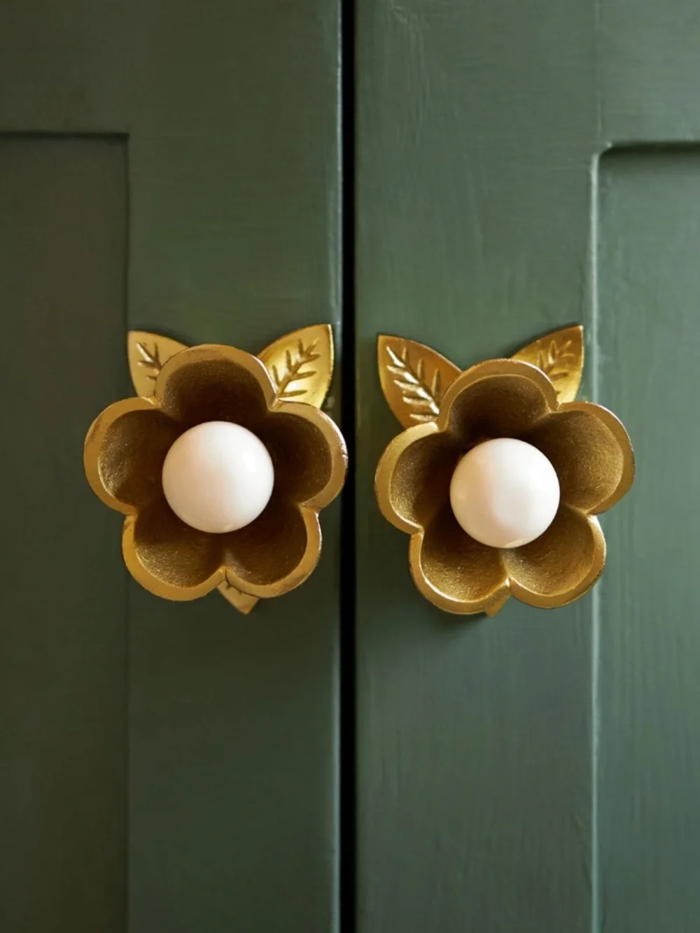 Anthropologie Gold Flower Knobs with White Center -